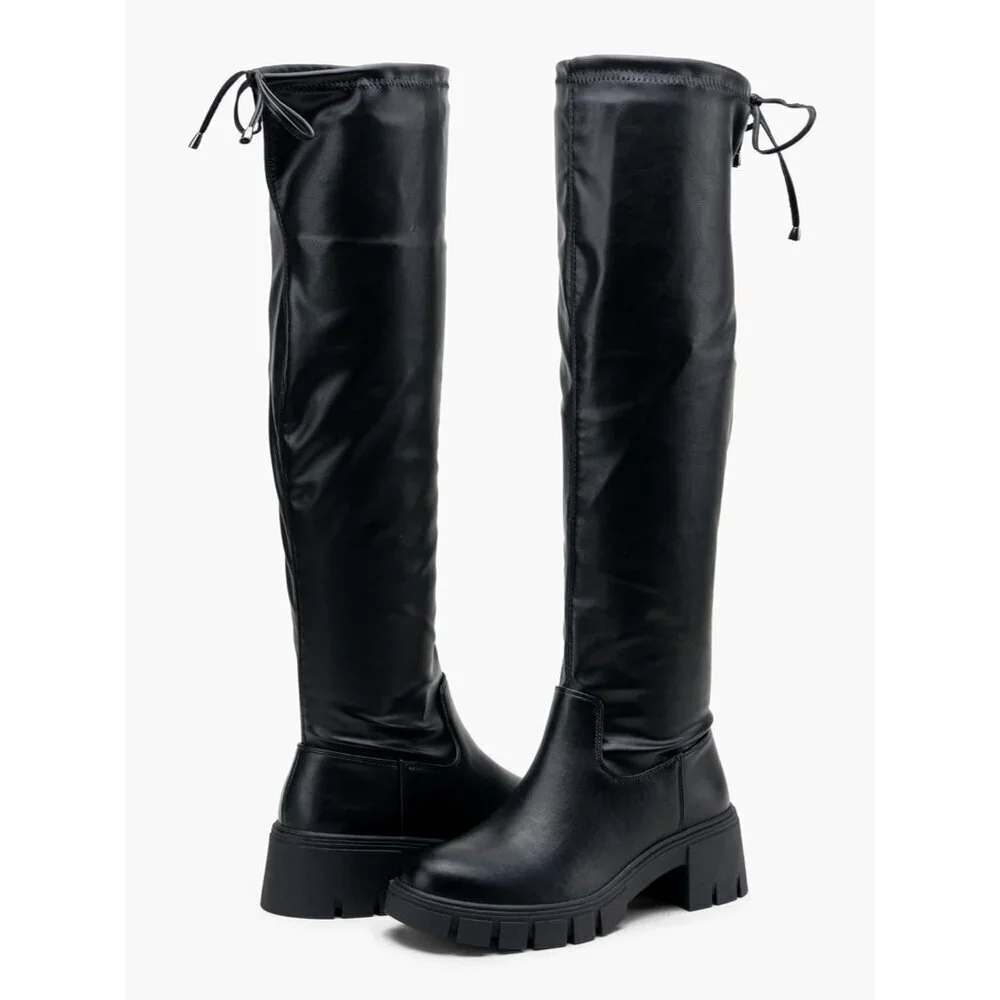 Women's Platform Boots-990-black Pu Over The Knee Thigh High Round Toe Long Boot